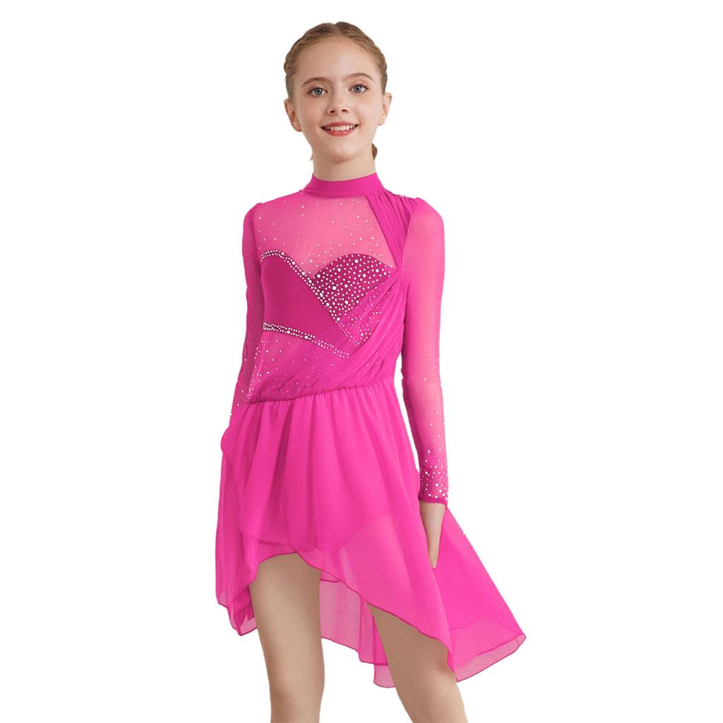 Girls Figure Skating Dance Dress: Sheer Mesh Patchwork Long Sleeves Mock Neck Keyhole Back Rhinestones Irregular Hem with Built-in Briefs