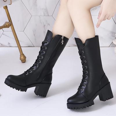Botas de montar de invierno de suela gruesa, antideslizantes, con cordones, hasta media pantorrilla, punta redonda, tacón cuadrado y forro polar, cálidas y a la moda.
