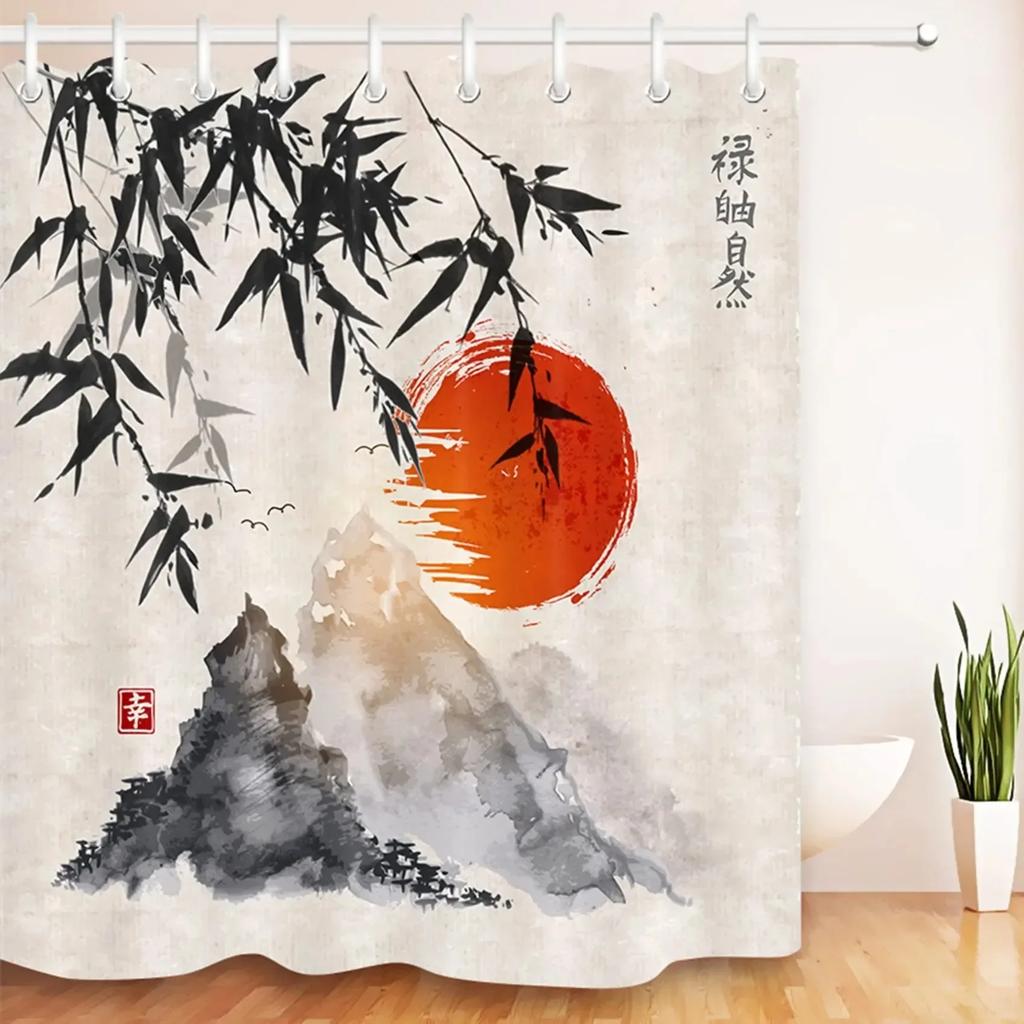 Duschvorhang im japanischen Stil Koi-Fisch Kirschblüte Sonne Meer Welle Oktopus Landschaft Polyesterstoff Vorhänge Badezimmerdeko