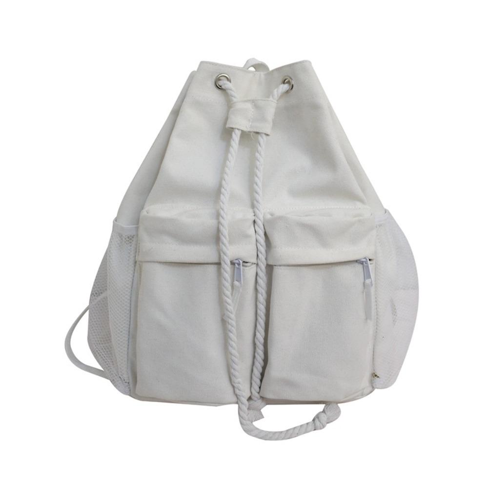 

New Large Capacity Drawstring Backpacks Canvas Multiple Pockets Shoulder Bag Solid Color Travel Rucksack Adults белый