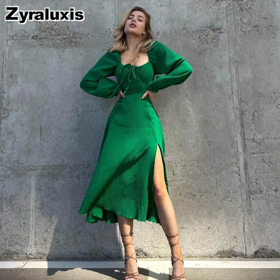 New Autumn Sexy Slit Dress for Women, Long Wrinkle Fabric Midi Skirt Female French Style Long Sleeve Square Neck Dress