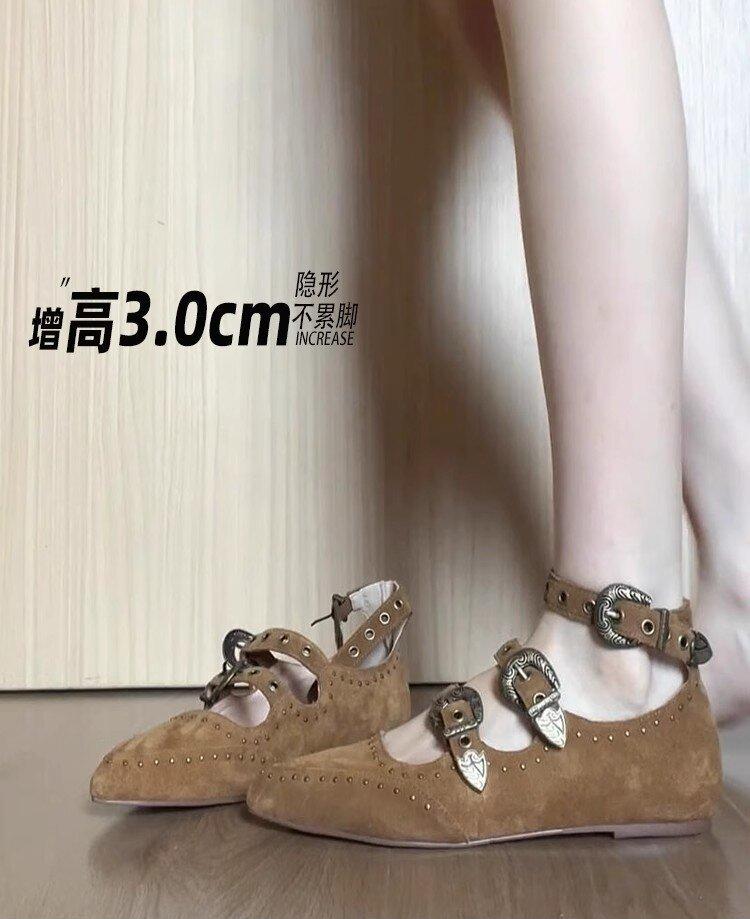 Cowhide version~ pointed flat bottom inner height increase soft leather Mary Jane shoes women's brown rivets one word with shallow mouth single shoes