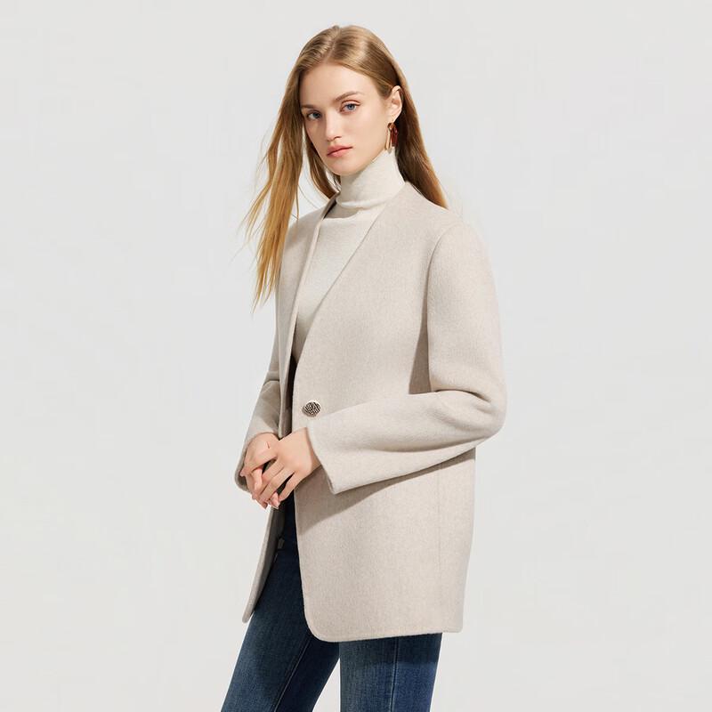 Her Figure Damski Mały Dwustronny Płaszcz Krótki z Mieszanki Wełny z Dekoltem V