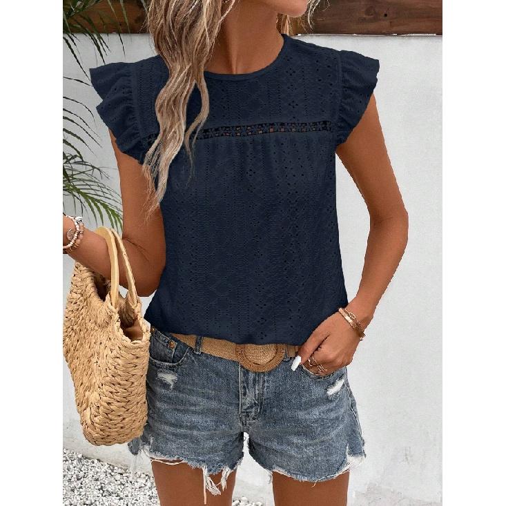 Summer Women's New Round-neck Lace Solid Color Ruffle Short-sleeve Top Casual T-shirt