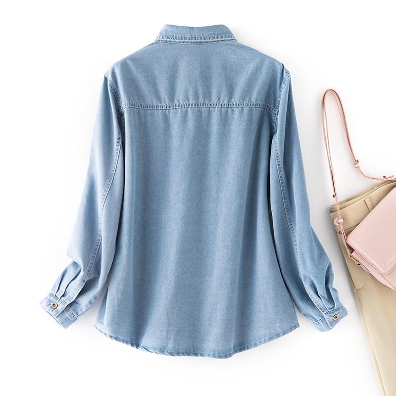 Denim Shirt Women's Spring and Autumn Soft Retro Stacked Wear Casual Loose Lapel Pocket Long Sleeve Jacket Women Women Classic Lapel Chest Pocket