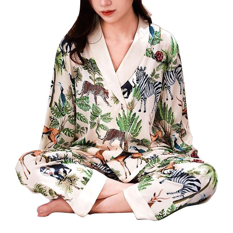 Women's Ice Silk Pajama Set: Long Sleeve, High-End Forest Style for Spring & Autumn Wear
