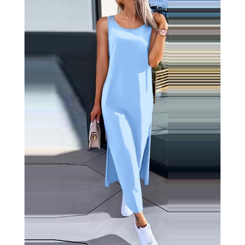 

QICED Women s Fashion Summer Spring Solid Color Print Sleeveless O-Neck Casual Dresses XXL синій