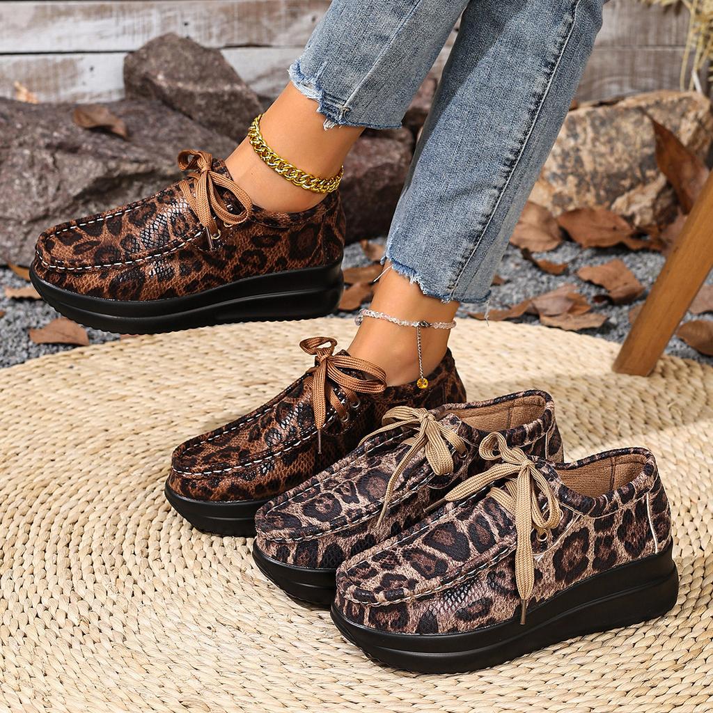 European and American style lace-up thick-soled leopard print low-top single shoes muffin large-size casual lace-up single shoes