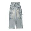 Japanese Style Men's Multi-Pocket Denim Pants Spring Autumn Washed Trousers Loose Casaul Long Pants