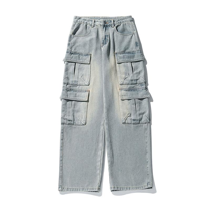 Japanese Style Men's Multi-Pocket Denim Pants Spring Autumn Washed Trousers Loose Casaul Long Pants