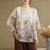 Ethnic Style Summer Blouse Cotton Ethnic Style Shirt Bat Sleeve Loose Large Round Neck T-shirt for Women