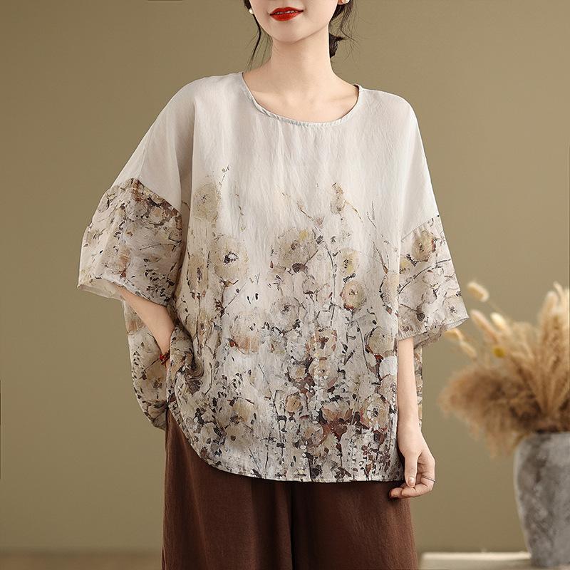 Ethnic Style Summer Blouse Cotton Ethnic Style Shirt Bat Sleeve Loose Large Round Neck T-shirt for Women