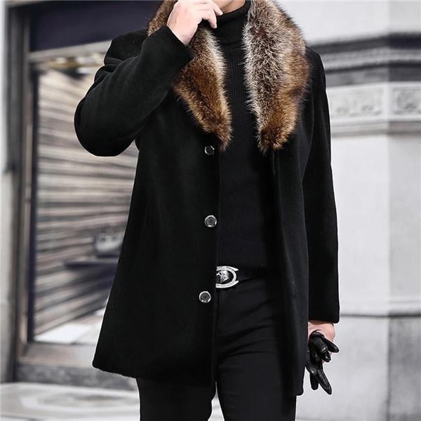 2026 Winter Men's Long Woolen Coat, Fur Collar, Overcoat, Male, Solid, Slim, Casual, Windbreaker Jacket, Outerwear, Top, Black, Plus Size, S-5XL