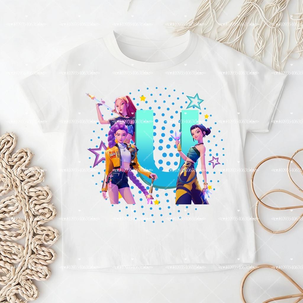 K-pop Demon Hunter Children's Cotton T-shirt for Girls - Sports Shirt - 2026 New Summer Short-Sleeved Casual Top - A-Z Letters