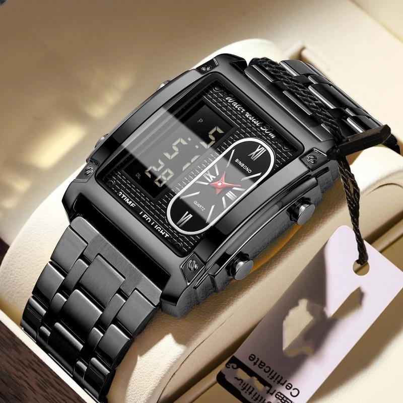 Top Brand Fashion Trend Square Double Display Electronic Watch Binbang Men's Student Waterproof Steel Band Watch Belt Quartz Watch