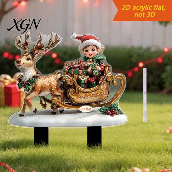 Outdoor Holiday Decorations Christmas Elf Garden Stake, Santa Reindeer Sleigh Acrylic Yard Weather Resistant Art Sign, Decoration for Lawn Pathway