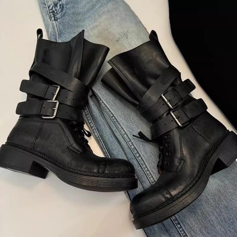 Cowhide Niche Leather Retro Mid-range Western Boots Women's Thick Heel Handsome Locomotive Boots Martin Boots Slim Knight Boots