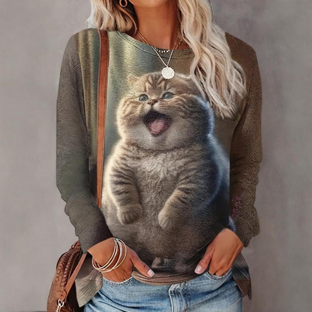 Women's Long-Sleeved T-Shirt for Fall Cartoon Animal Cat Print Fashionable Round Neck Long-Sleeved Top OverSize Women's Clothing