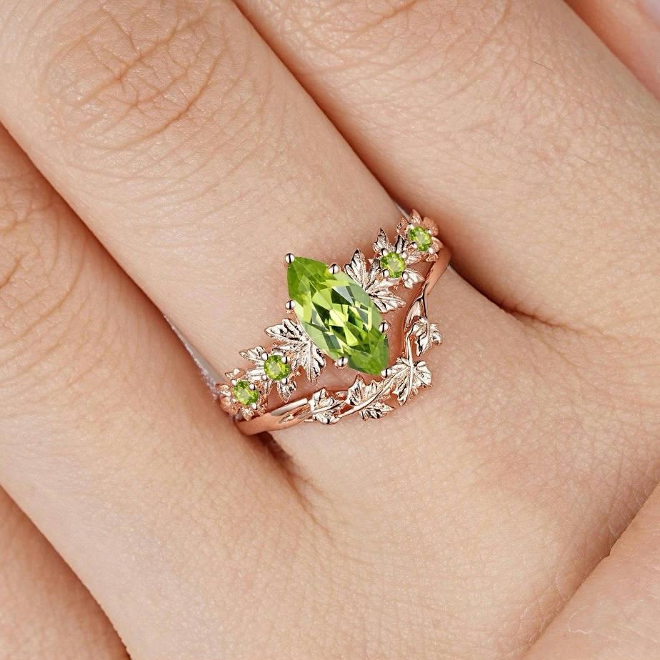 Rose Gold Marquise Flower Ring with Green Zircon - Women's Wedding Jewelry