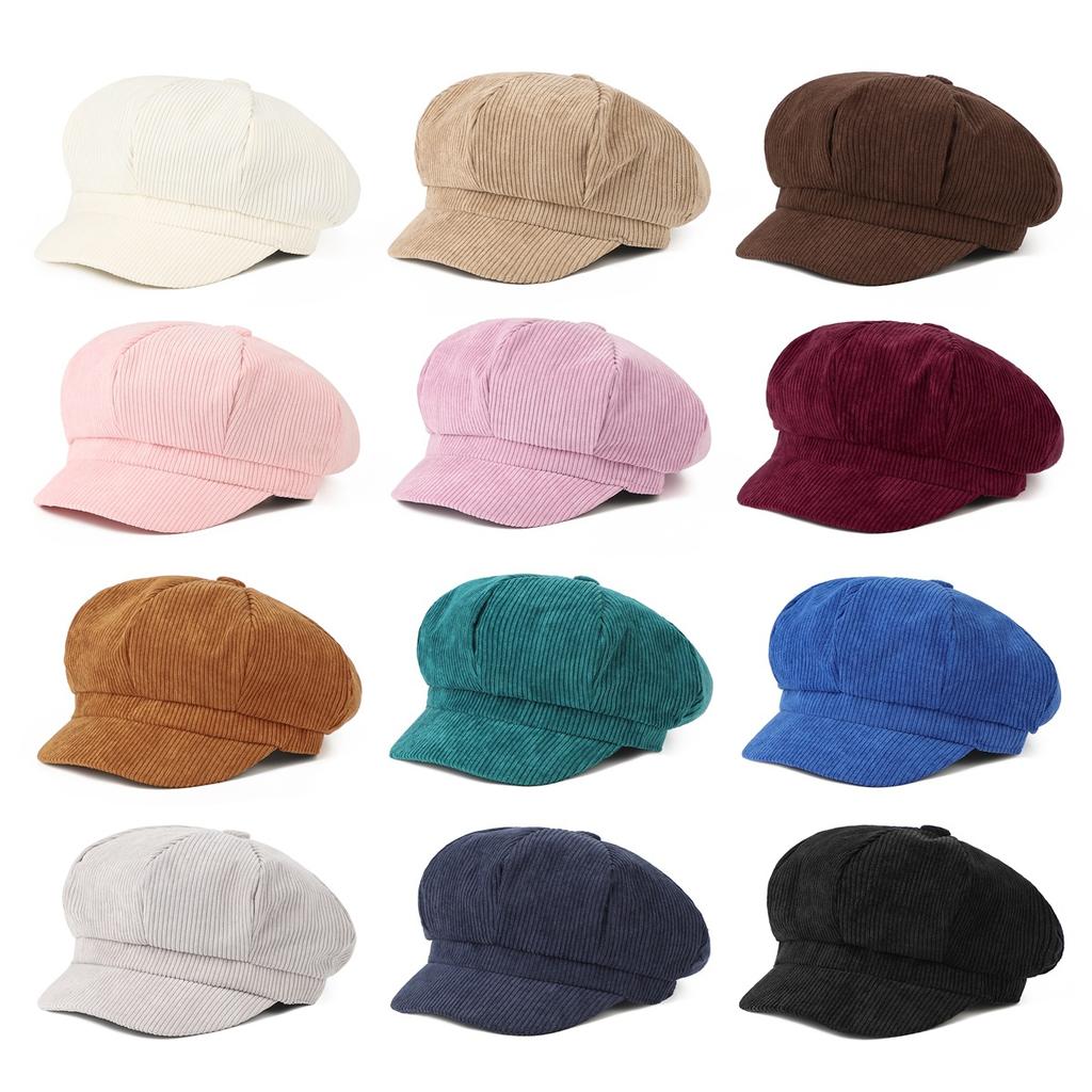 Korean Version Solid Color Corduroy Female Painter's Hat British Retro Octagonal Hat Gorras Para Mujer