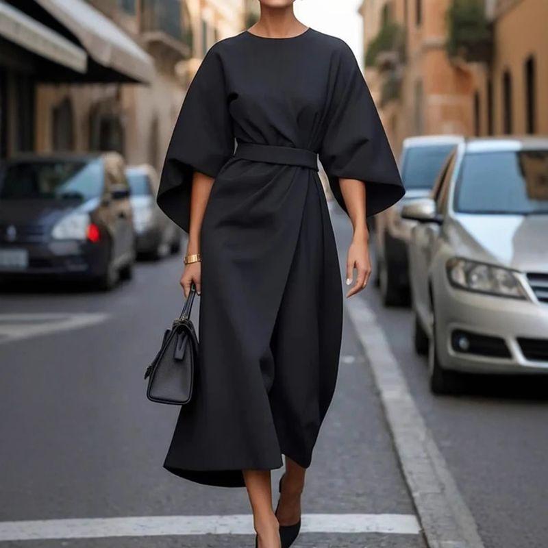 2025 Women clothes European and American Fashion Temperament Solid Waist Hugging Dress Casual Batwing Sleeve DRESS Women