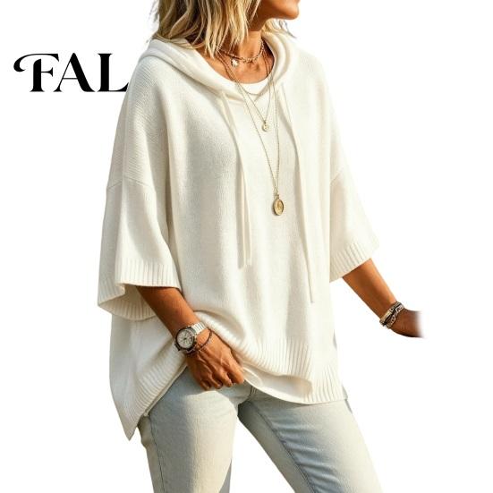 Women Winter Sweater Autumn Knit Pullover Sweater, Loose Fit Drawstring Hooded Casual 3/4 Sleeve Drop Shoulder Solid Color Long Tops