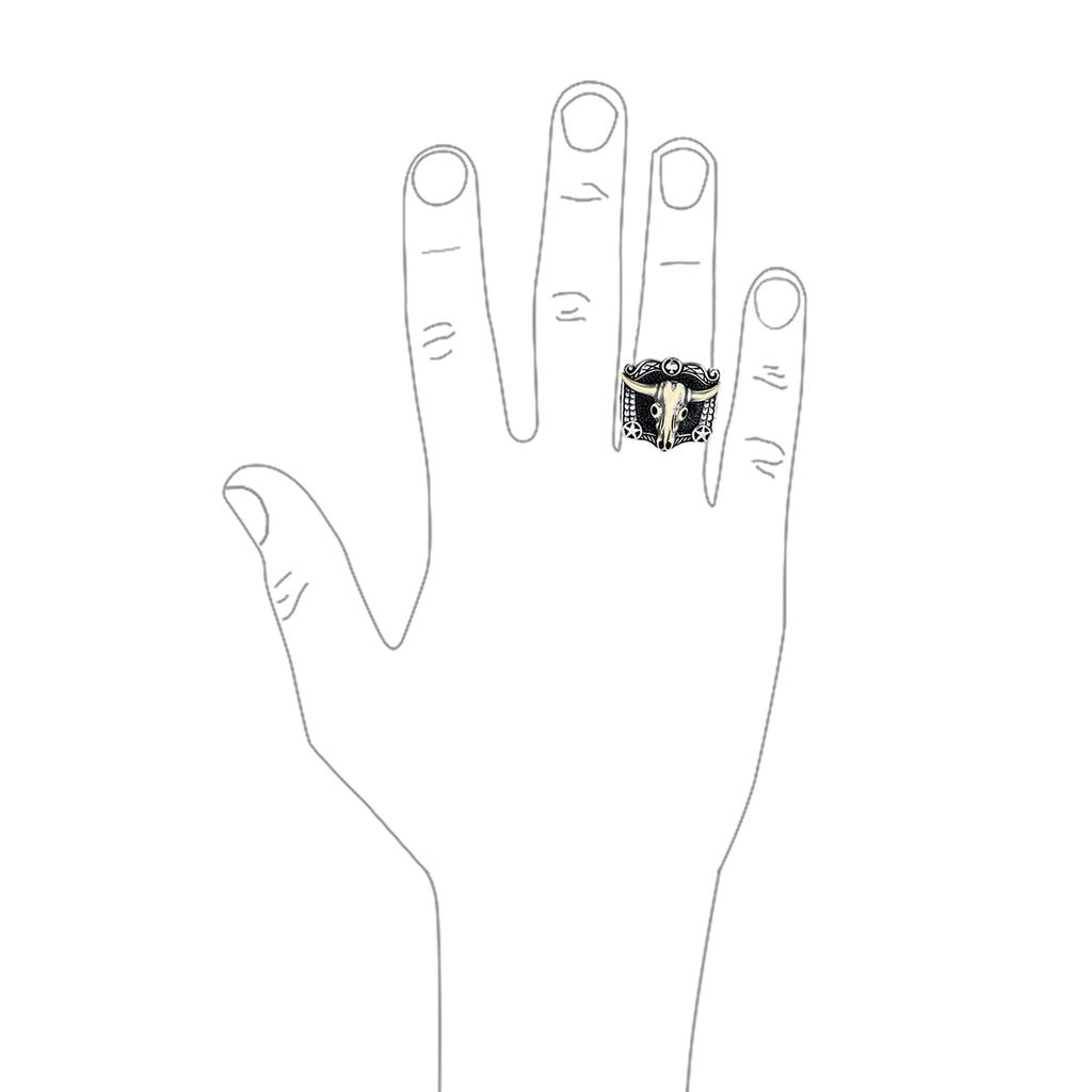 Black Texture Animal Buffalo Cow Skull Antelope Goat Big Western Jewelry Texas Longhorn Skull Signet Ring Two Tone Sterling Silver "Personalized Men's