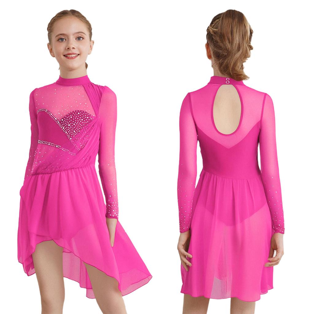 Girls Figure Skating Dance Dress: Sheer Mesh Patchwork Long Sleeves Mock Neck Keyhole Back Rhinestones Irregular Hem with Built-in Briefs