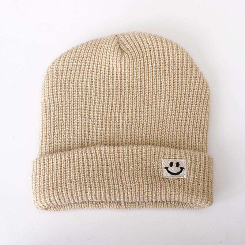Cute Smiley Face Label Wool Hat Women's Autumn and Winter Warm Trend Versatile Ear Protector Black Knitted Hat Men
