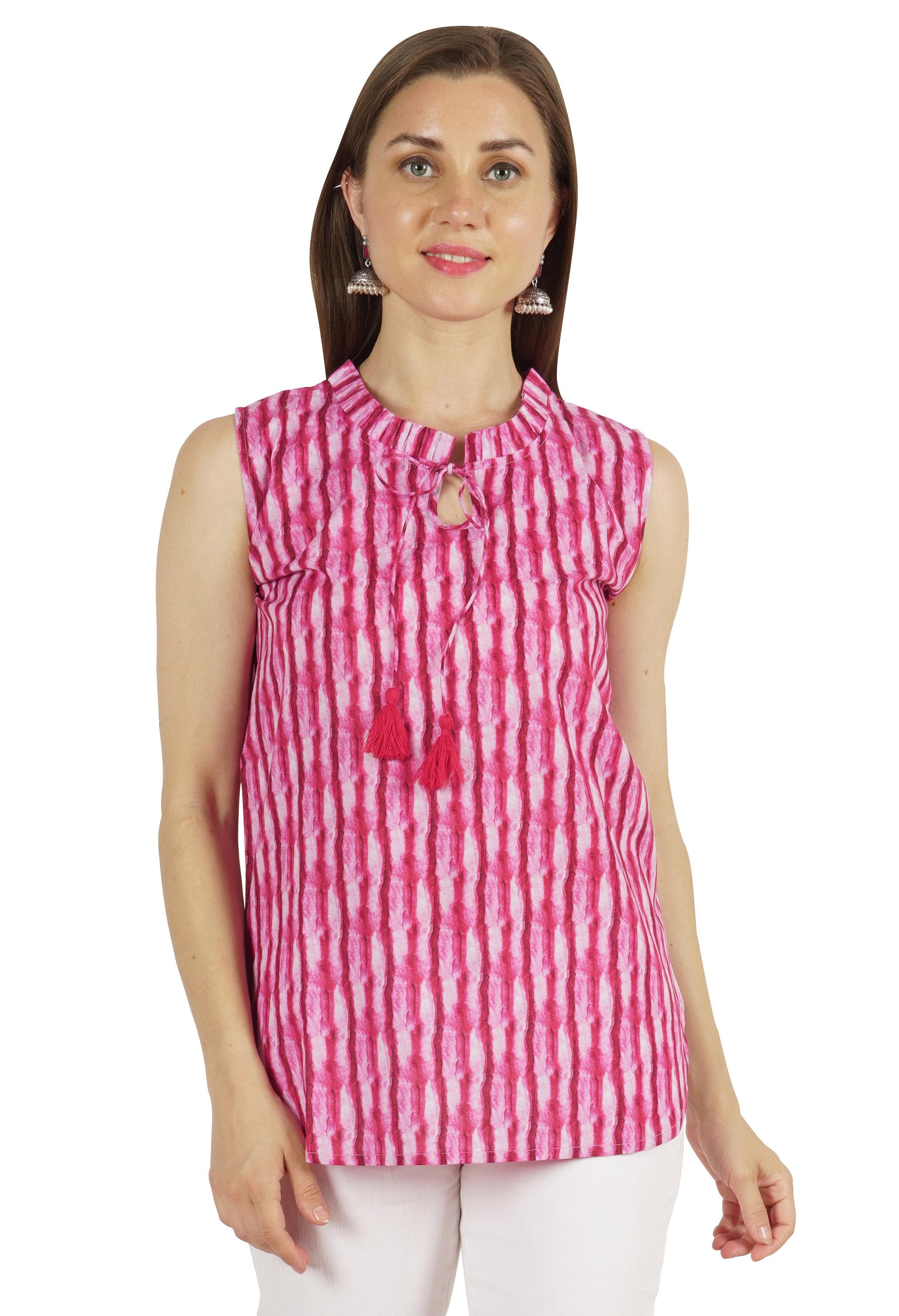

Moomaya Printed Tops For Women Cotton Ruffled Collar Sleeveless Casual Ethnic XS рожевий