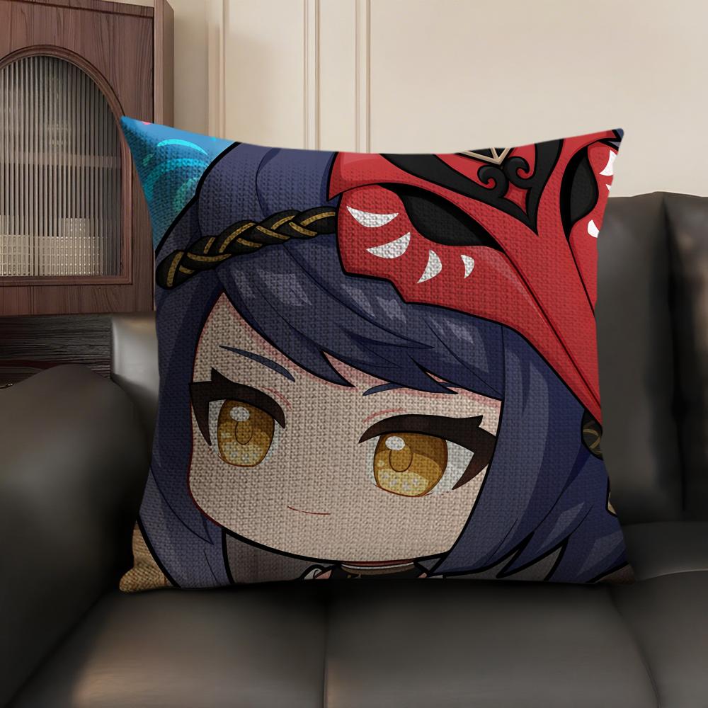 Kujo Sara Cute Genshin Impact Cushion Cover Natural Linen Organic Fabric Double-Sided Printing Sofa Home Decor Gift Pillow Case