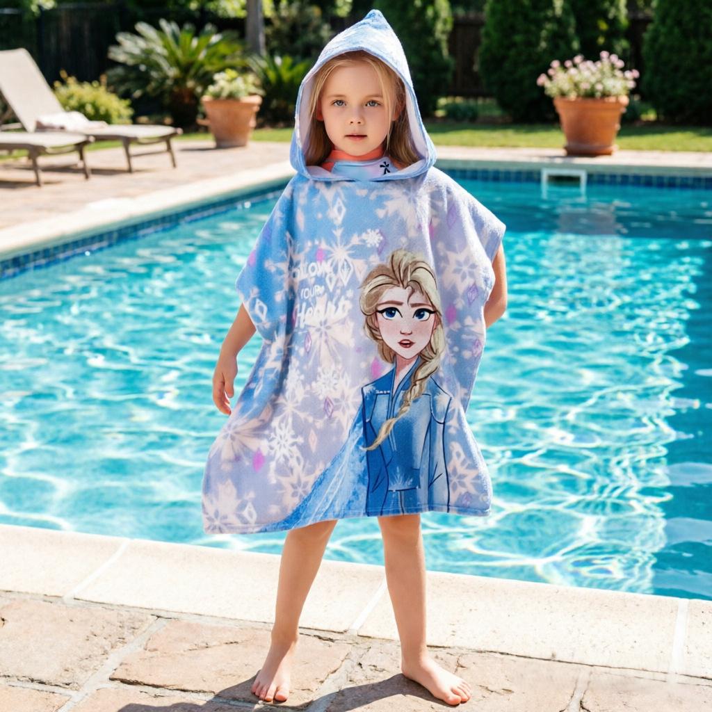 Ultra-Fine Fiber Cartoon Print Kids' Hooded Bath Towel Poncho