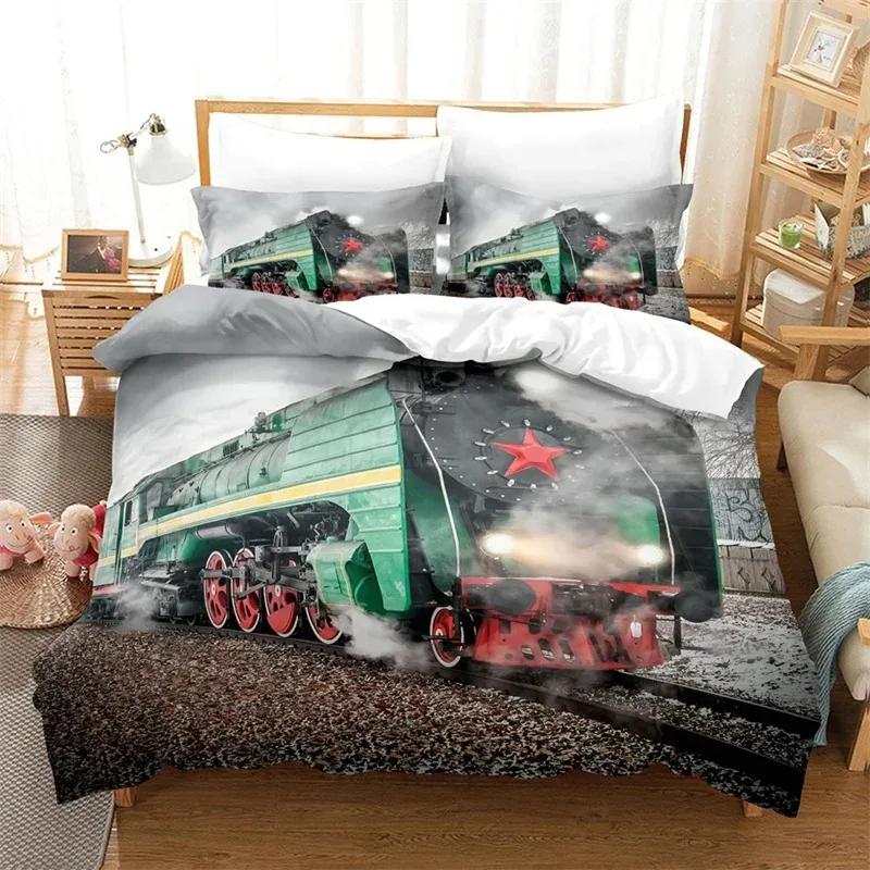 Top New Train Duvet Cover Full Size Boys Steam Engine Bedding Set Microfiber 3D Rail Vehicles Comforter Cover Room Decor