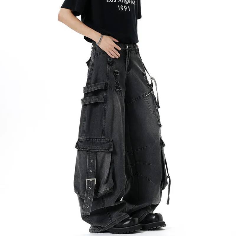 STREETRICH Jeans da Uomo Stile Americano Colore Unico Tasche Multiple Casual Pantaloni Usurati Deconstruction Gamba Larga Jeans in Denim
