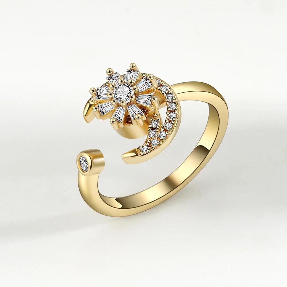 Women'S Adjustable Spinning Ring Copper Inlay Sparkling Rhinestones Moon Star Design Engagement Anxiety Relief Accessory