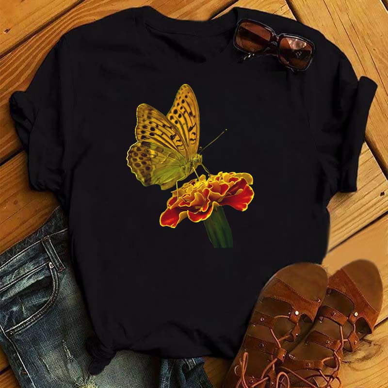 Women Flower Butterfly Fashion Print T Shirt Casual Short Sleeve Ladies T Tee Female Top Shirt Clothes Womens Graphic T-shirt
