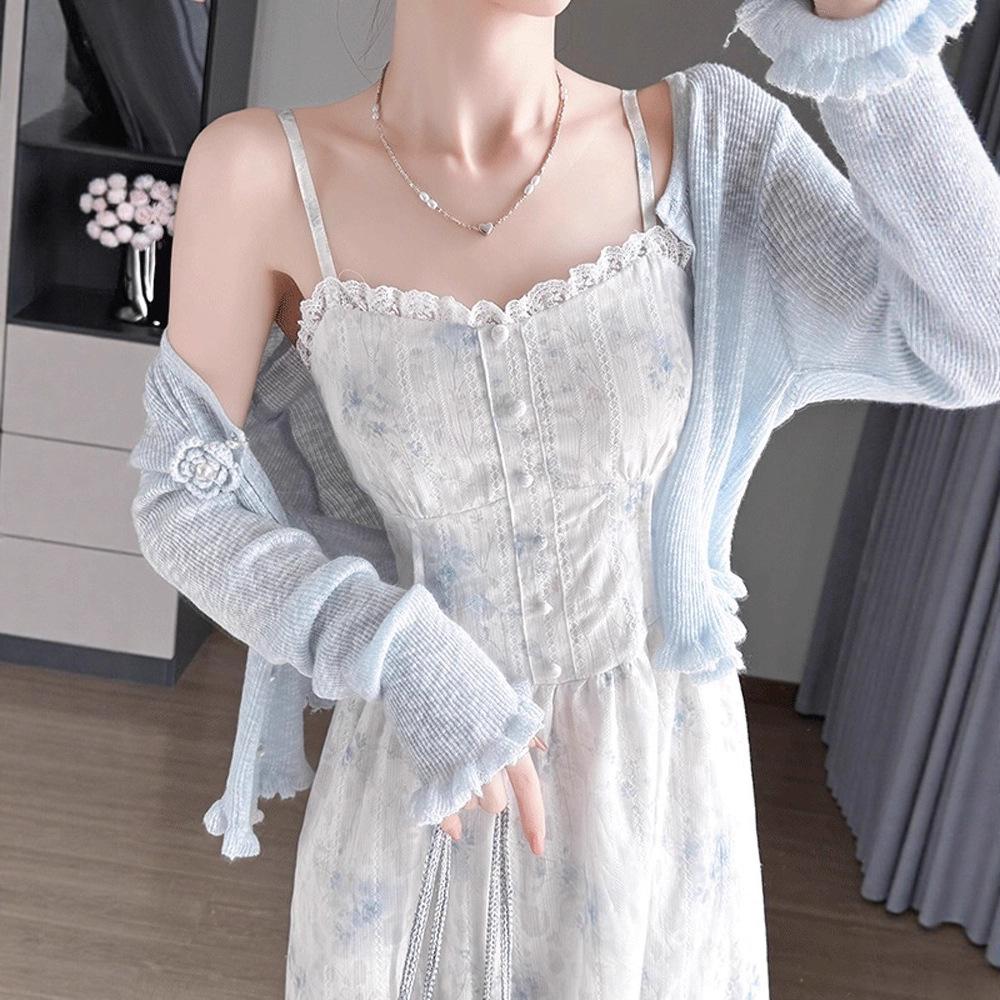 Suspender adjustable wool cardigan set floral suspender dress unique beautiful pure suspender beautiful skirt