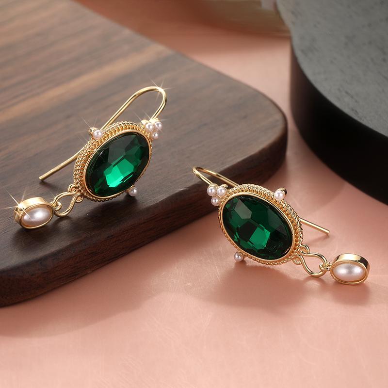 Vintage Round Synthetic Dark Green Crystal Pearl Golden Color Earrings Women's  Creative Holiday Party Gift Pendant