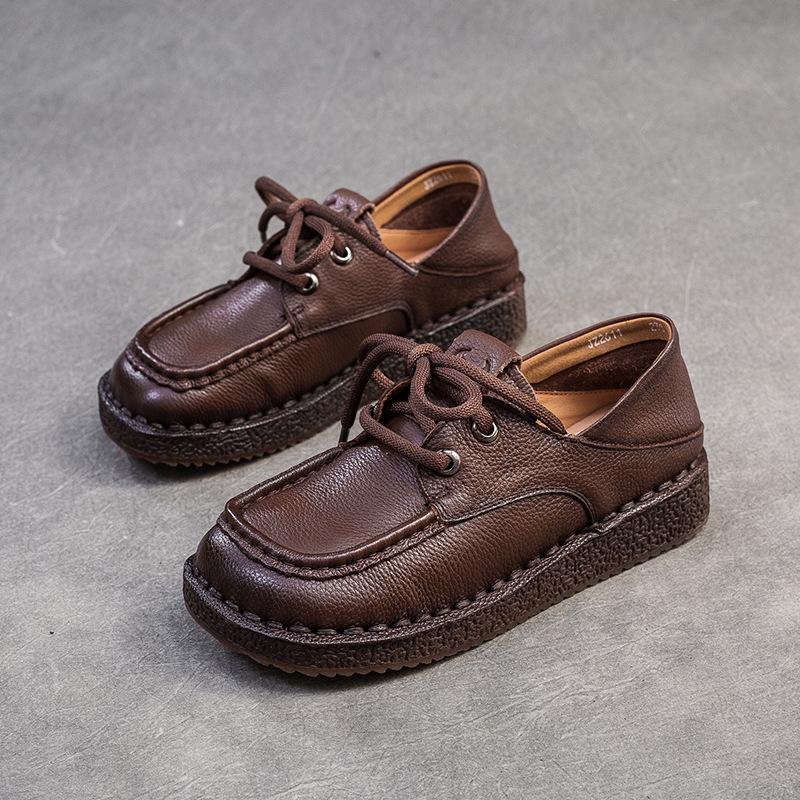 Fashion GKTINOO Women Loafers Spring Genuine Leather Comfort Flat Mother Shoes Lace Up Footwear Fashion Female Footwear Zapatos De Mujer