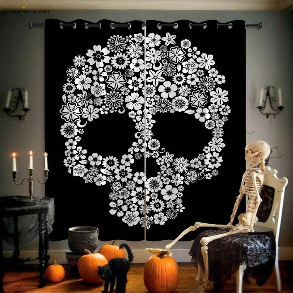 Blackout Curtains 3D Printed Floral Skull Print Curtains, Halloween, Gothic, Living Room, Dining Room, Holiday, Party Decoration