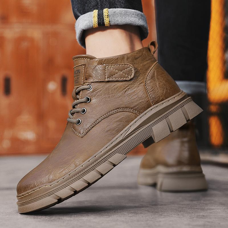 Autumn New Martin Boots Winter Velvet Warm High-top Tooling Leather Boots Medium-top British Casual Leather Shoes