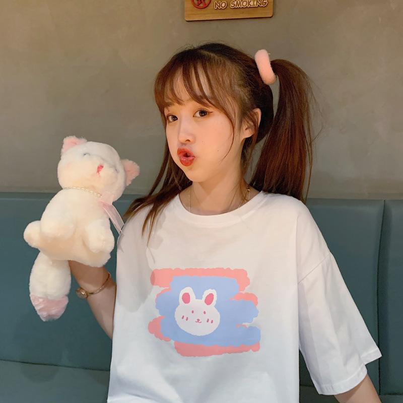 Short-sleeved T-shirt Women's Ins Tide Summer New Korean Version Loose Foreign Style Student Age Reduction Cartoon On Clothes