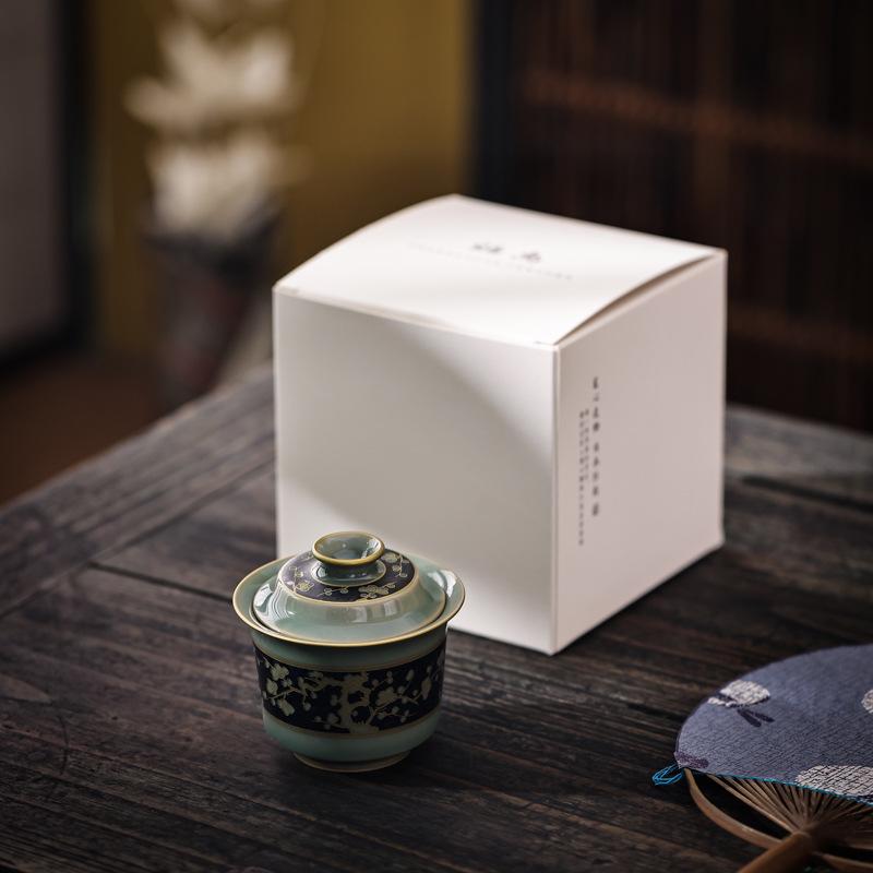 Retro Celadon Cover Bowl Elegant Tea Maker Large Household Ceramic Kung Fu Tea Set Tea Bowl Blue and White Porcelain