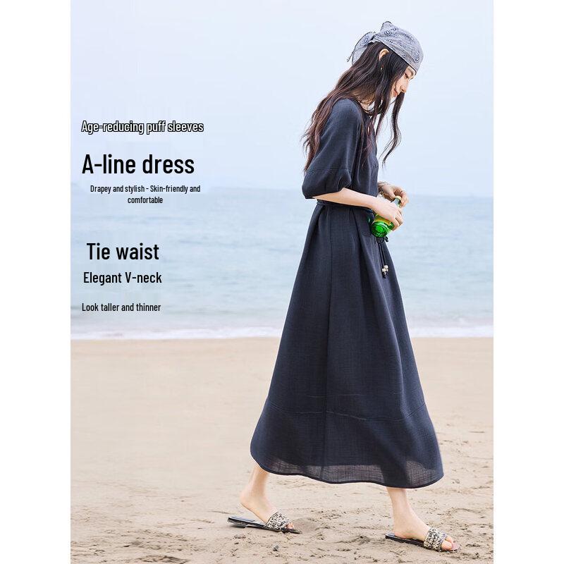 XWI Elegant V-Neck Bubble Sleeve A-Line Midi Dress 2XL