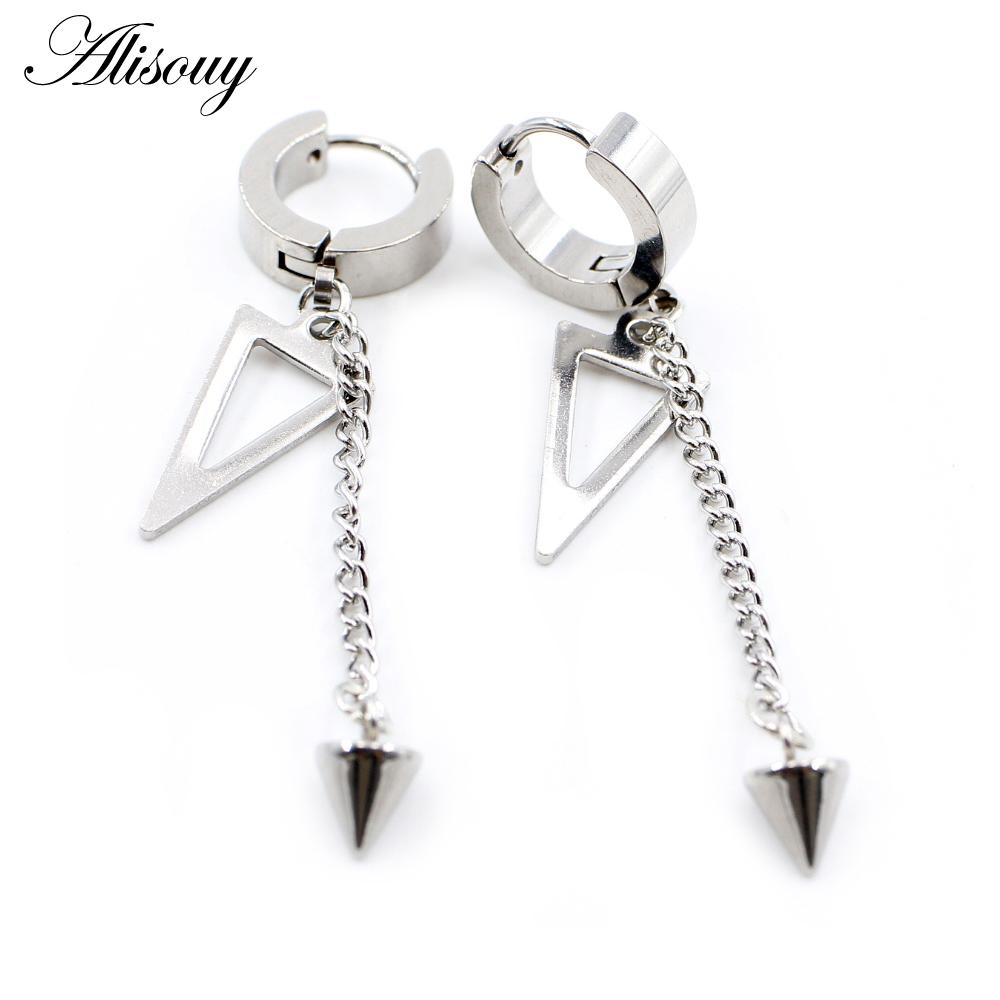 Alisouy 2PCS Stainless Steel Star Cross Snake Spike Skull Sword Blade Chain Feather Spider Dangle Women Men Huggie Hoop Earrings
