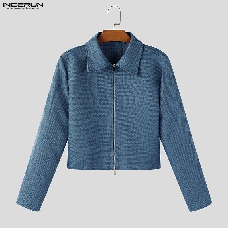INCERUN Men Lapel Neck Long Sleeve Zip-Up Texture Cropped Casual Shirts