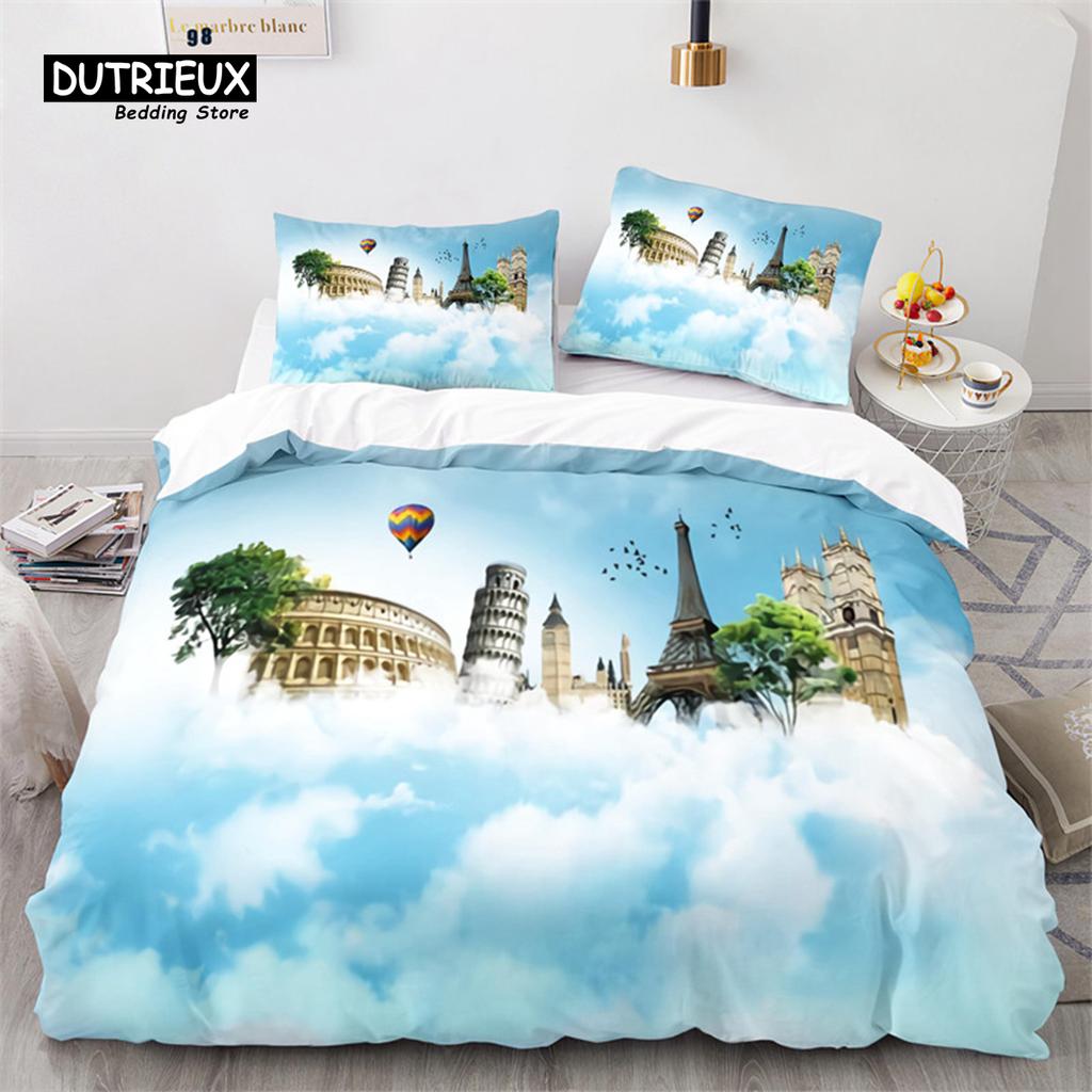Eiffel Tower Duvet Cover Microfiber Paris Cityscape In The Clouds Bedding Set King Size For Kids Adults Romantic Comforter Cover
