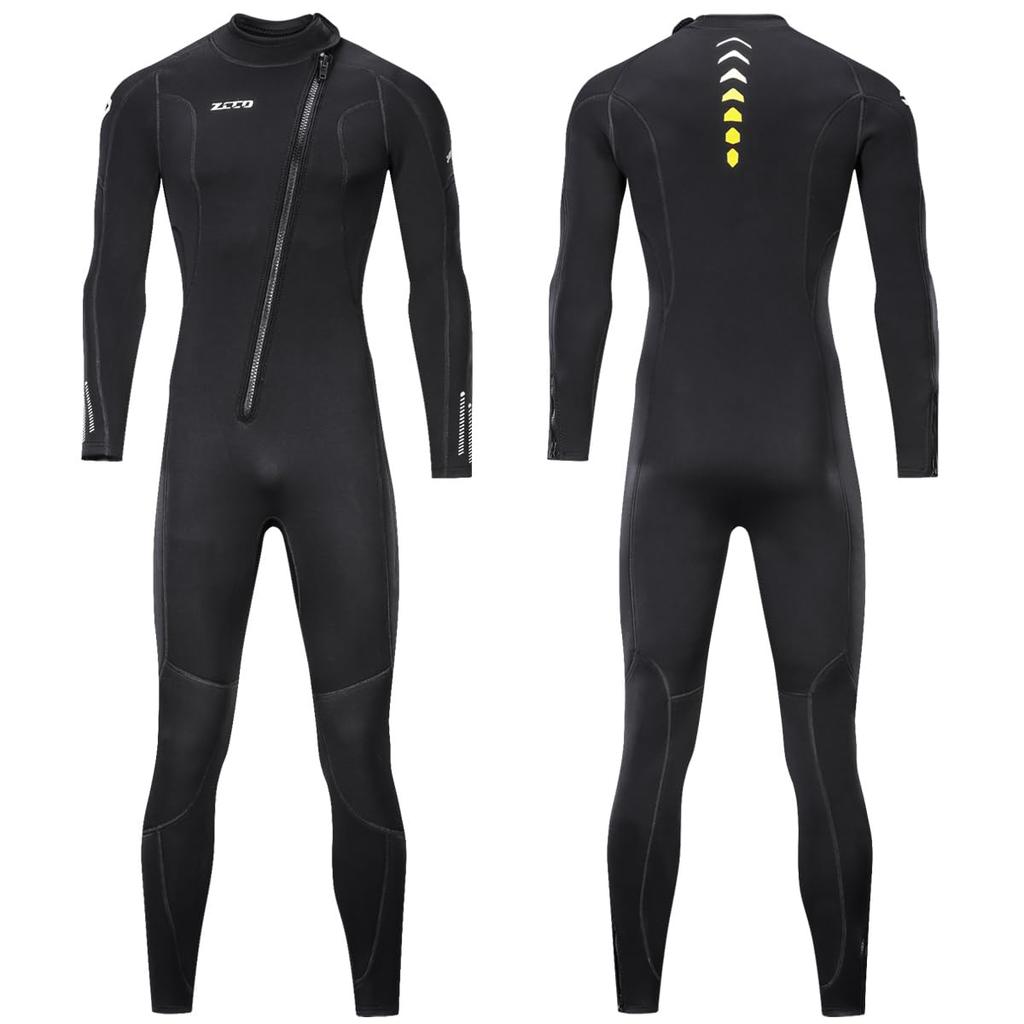 Men's 3mm Neoprene Full-Suit Wetsuit with Front Zipper, Wrist and Ankle Zippers, for Diving, Surfing, and Marine Sports, Size 2XL