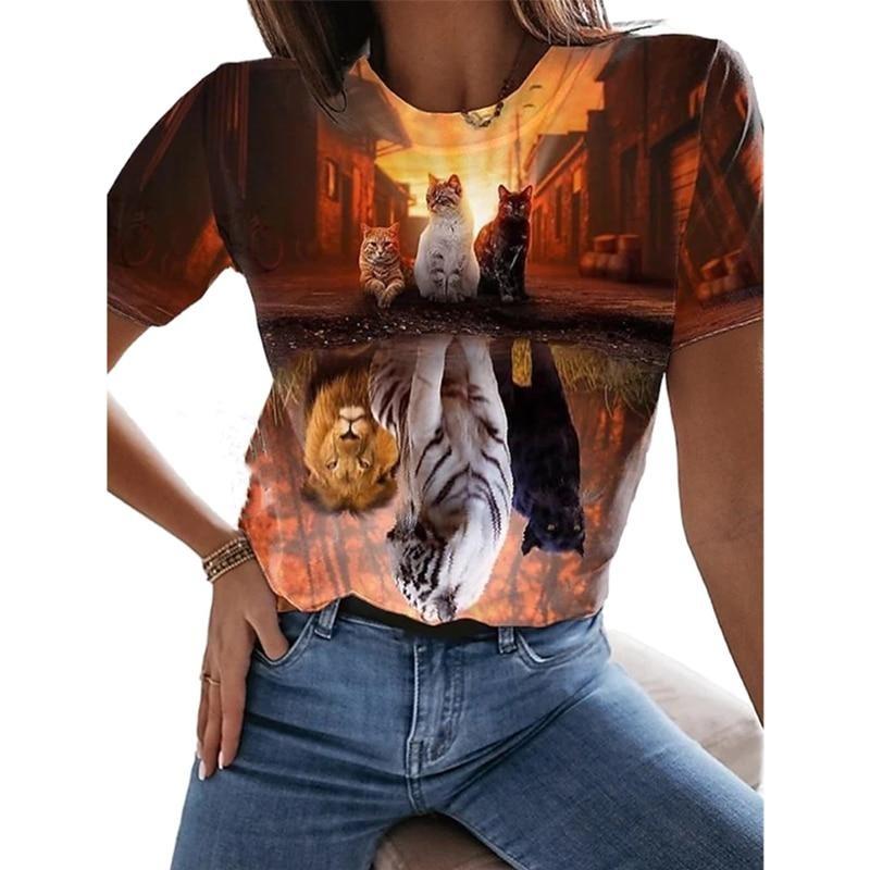 Fashion Woman T-shirt Women's 3d Cats Print Black Kawaii T Shirt Female Clothing Oversized Summer Top