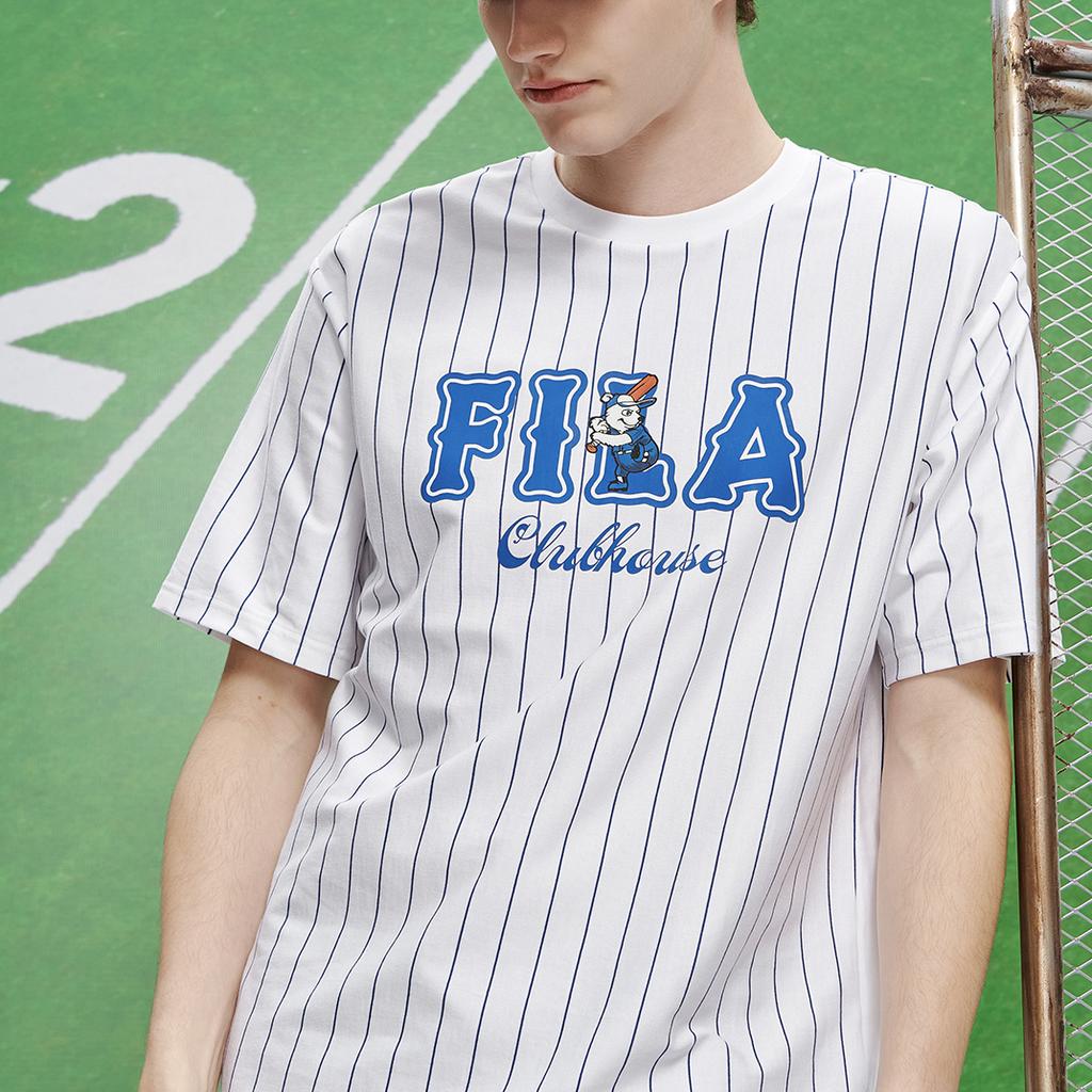 FILA Striped Logo Print Round Neck Short Sleeve T-Shirt Men Tops White T11M322101F-WT